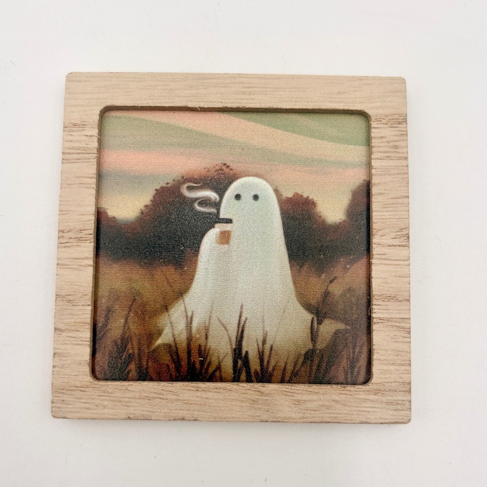 Bullseye Ghost Art Magnet Field Coffee Halloween Wood Frame 3.25in